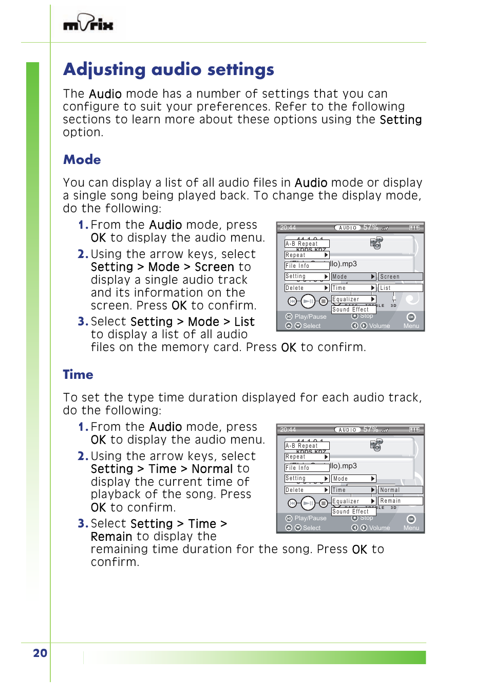 Adjusting audio settings, Mode, Time | PQI Multimedia Player User Manual | Page 24 / 45