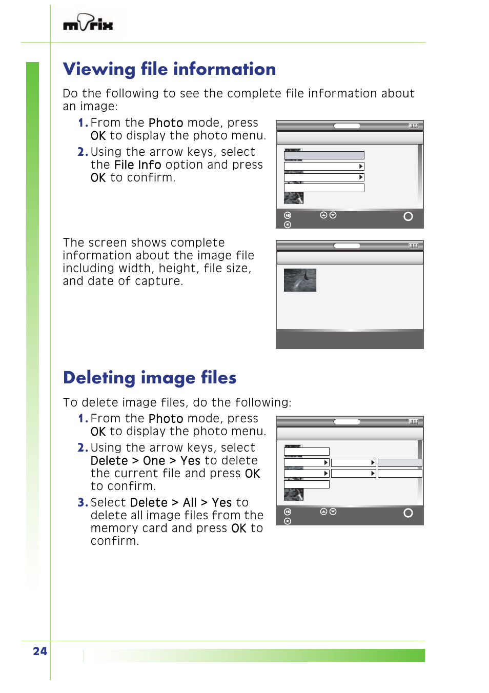 Viewing file information, Deleting image files | PQI Multimedia Player User Manual | Page 28 / 45