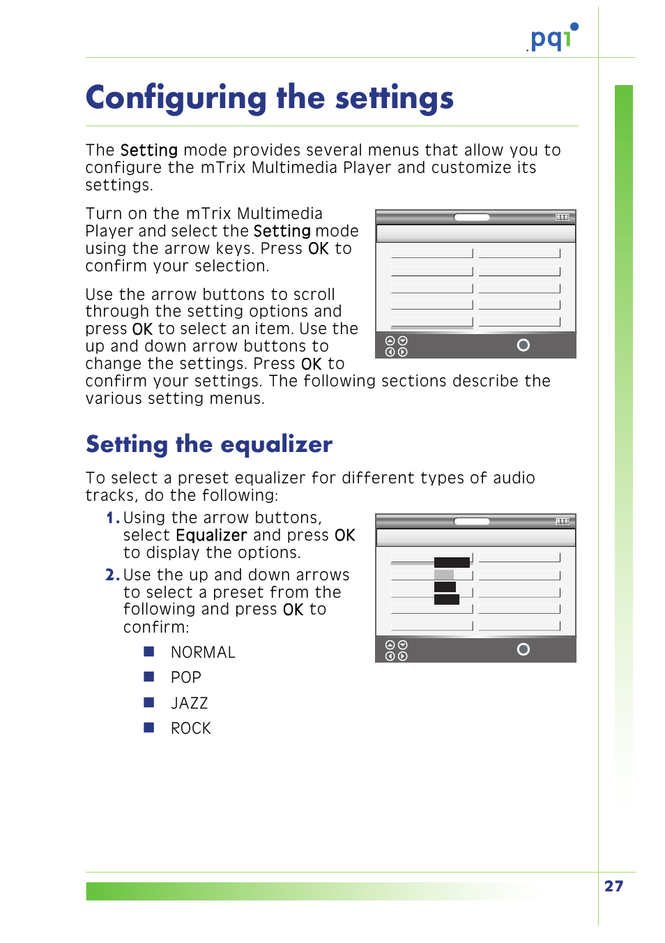 Configuring the settings, Setting the equalizer | PQI Multimedia Player User Manual | Page 31 / 45