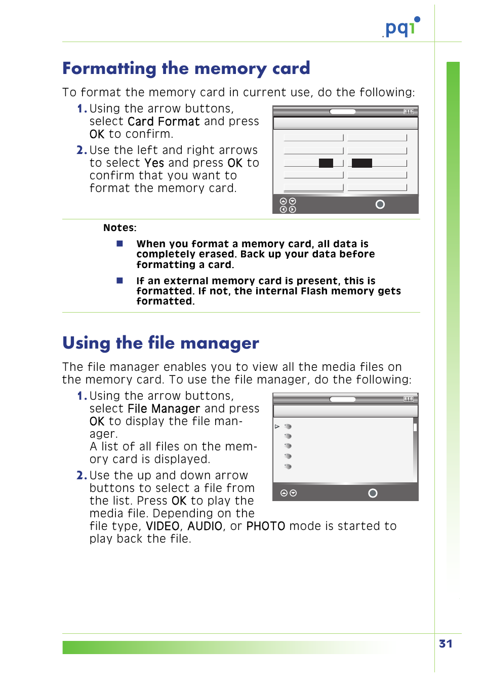 Formatting the memory card, Using the file manager | PQI Multimedia Player User Manual | Page 35 / 45