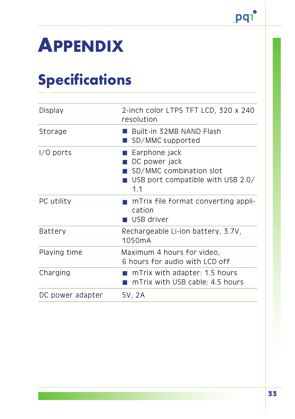 Appendix, Specifications, Ppendix | PQI Multimedia Player User Manual | Page 37 / 45