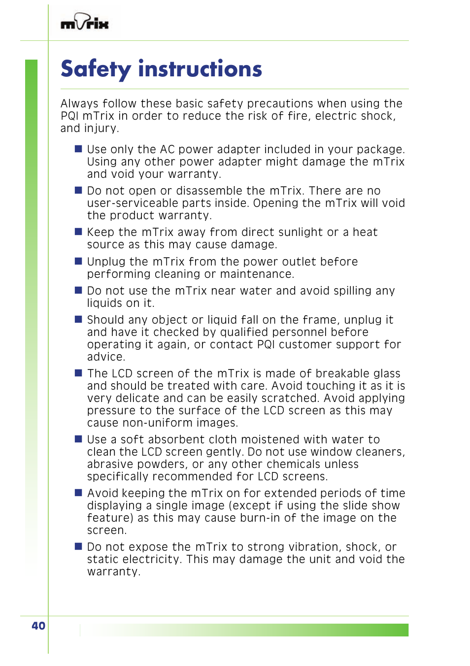 Safety instructions | PQI Multimedia Player User Manual | Page 44 / 45