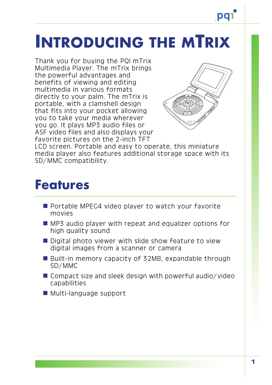 Introducing the mtrix, Features, Ntroducing | PQI Multimedia Player User Manual | Page 5 / 45