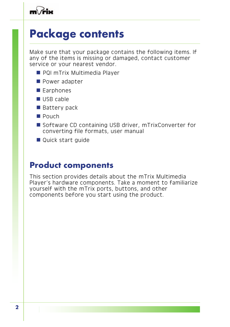 Package contents, Product components | PQI Multimedia Player User Manual | Page 6 / 45