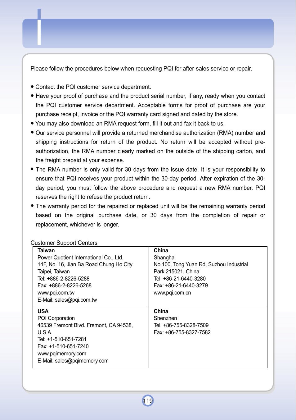 Customer support | PQI P600 User Manual | Page 119 / 122
