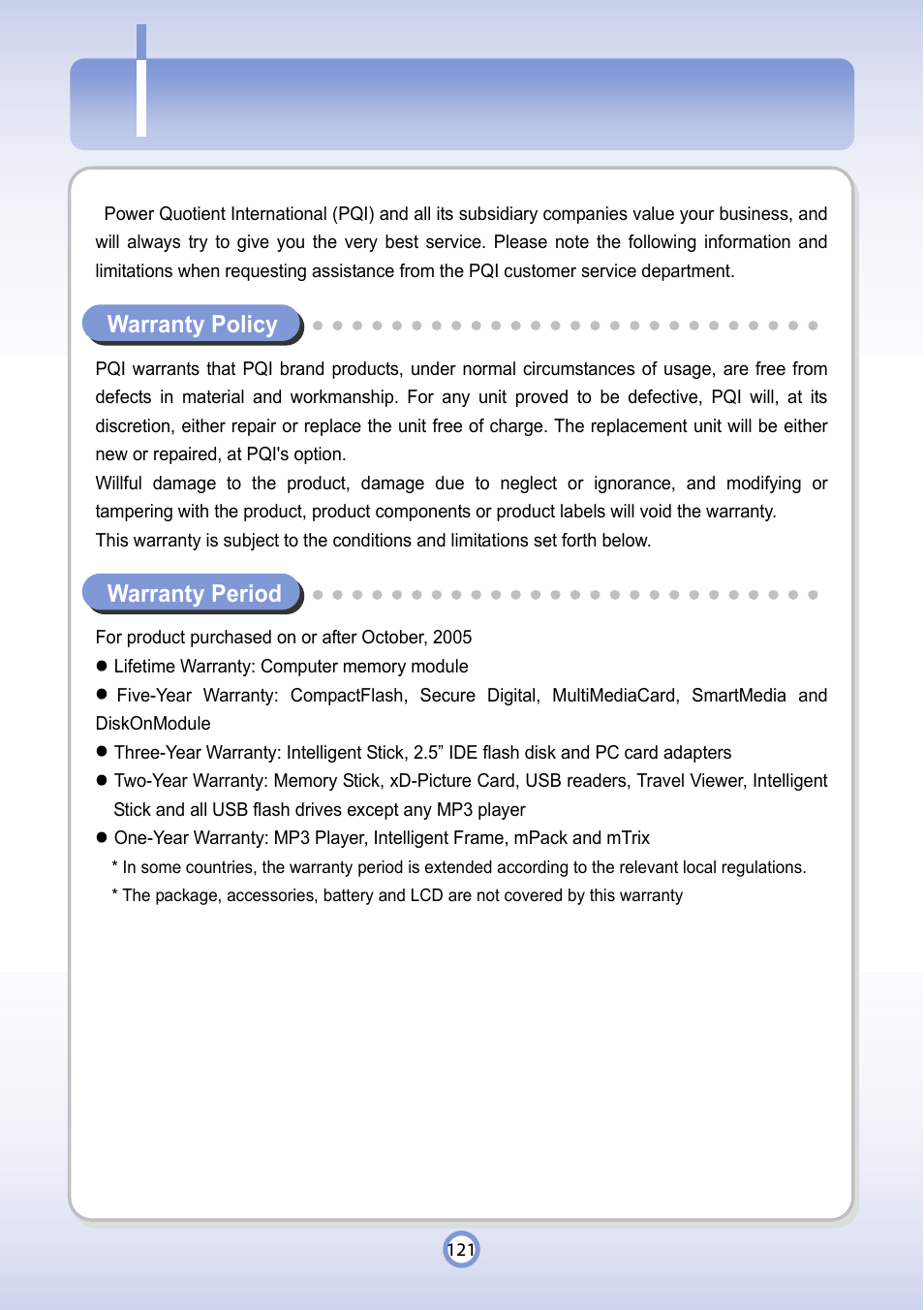 Warranty, Warranty policy, Warranty period | PQI P600 User Manual | Page 121 / 122