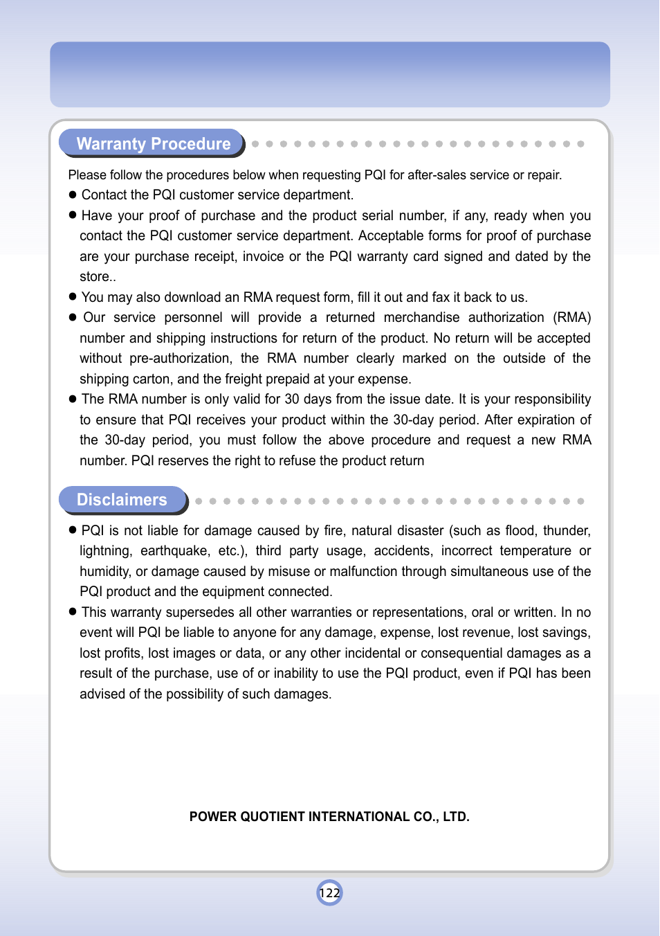 Warranty procedure, Disclaimers | PQI P600 User Manual | Page 122 / 122