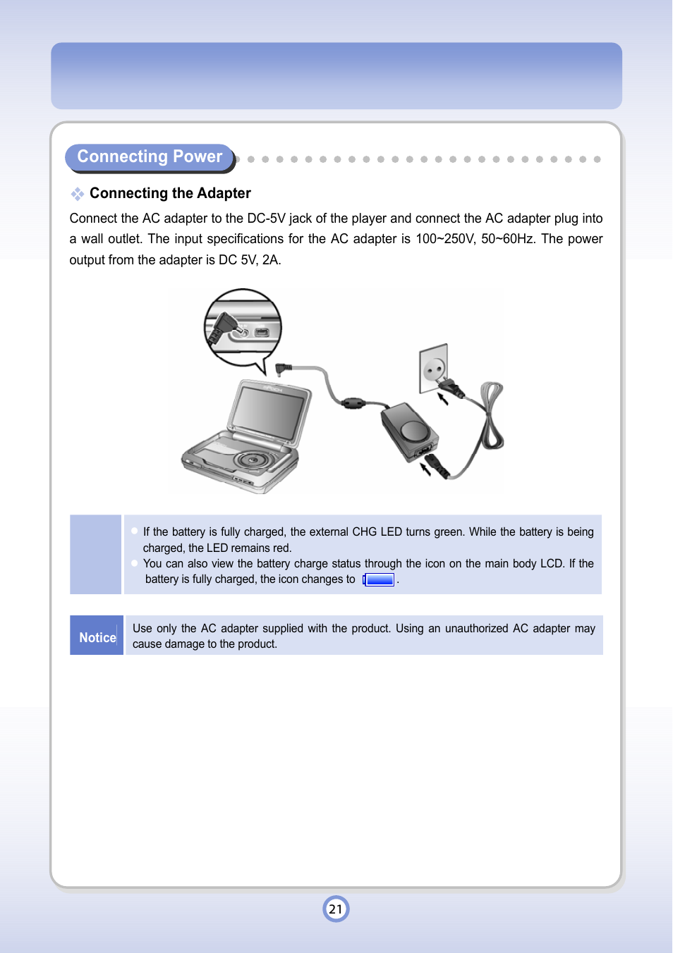 Connecting power, Connecting the adapter | PQI P600 User Manual | Page 21 / 122