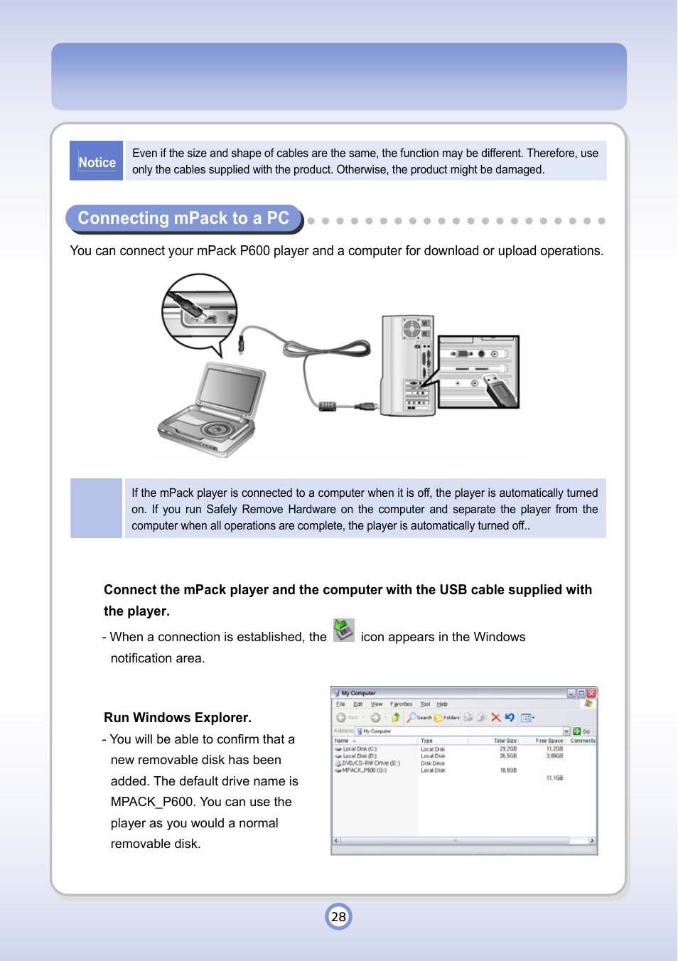 Connecting mpack to a pc | PQI P600 User Manual | Page 28 / 122