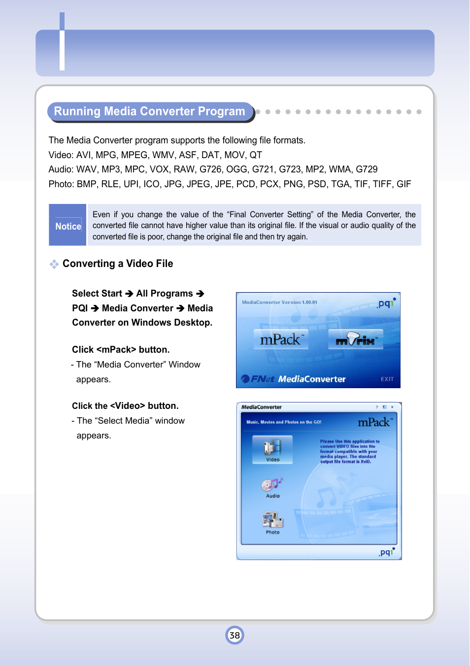Running media converter, Running media converter program | PQI P600 User Manual | Page 38 / 122