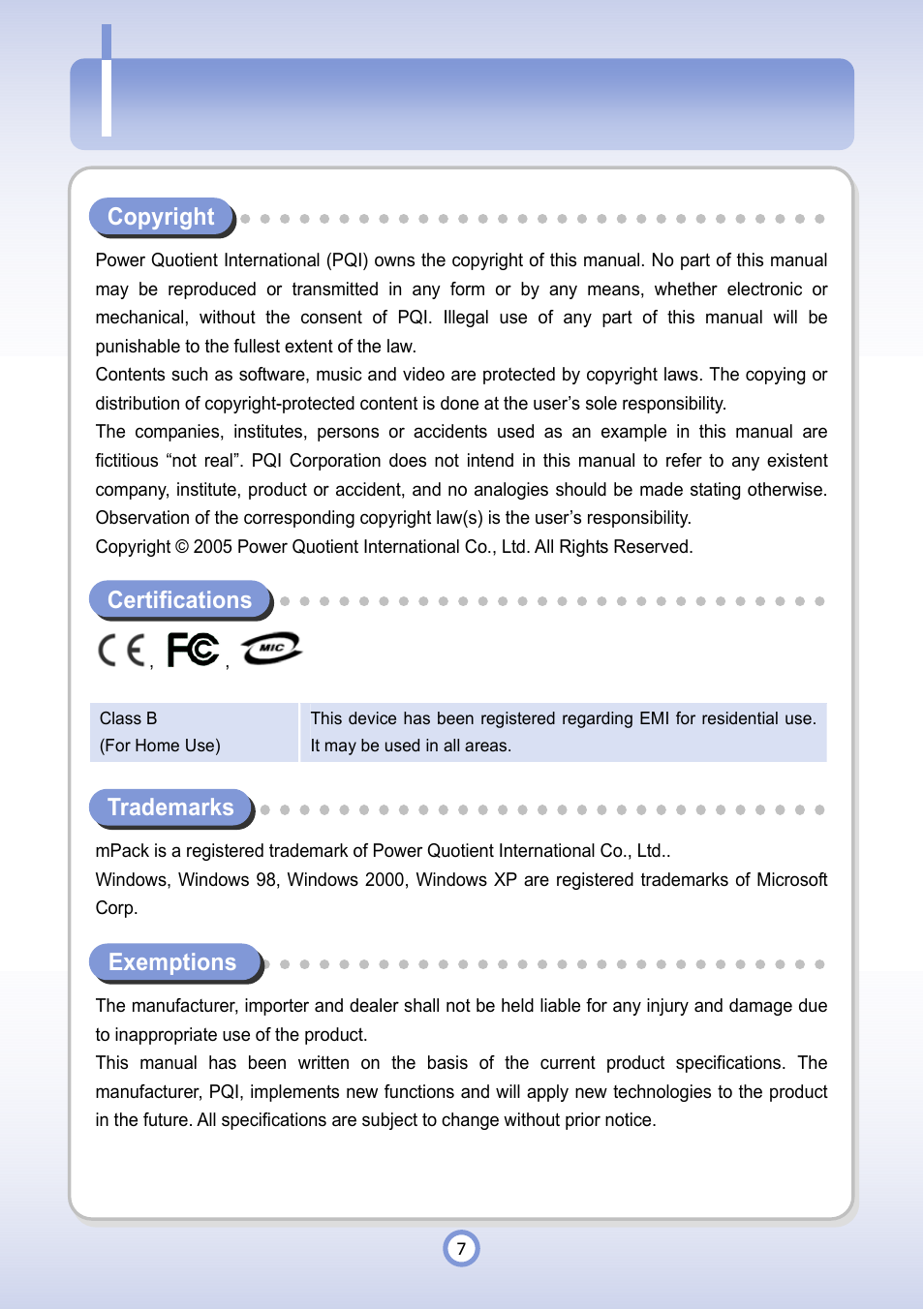 Copyright, Certifications, Trademarks | Exemptions, Copyright/certifications/trademarks/exemptions | PQI P600 User Manual | Page 7 / 122