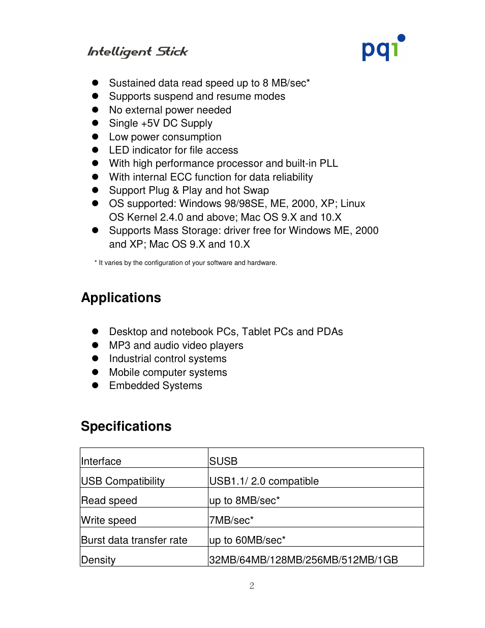 Applications, Specifications | PQI I-Stick 2.0 User Manual | Page 2 / 5