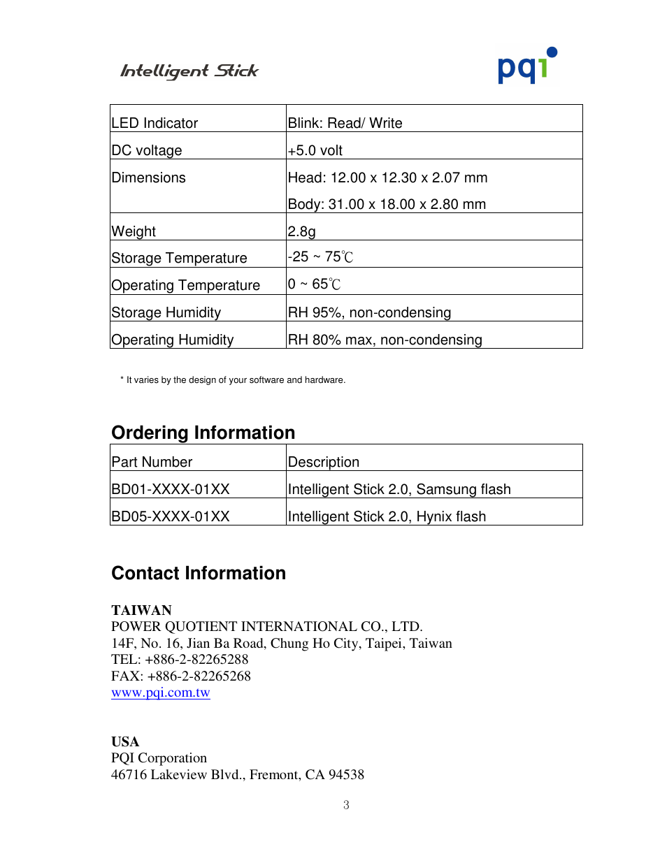 Ordering information, Contact information | PQI I-Stick 2.0 User Manual | Page 3 / 5