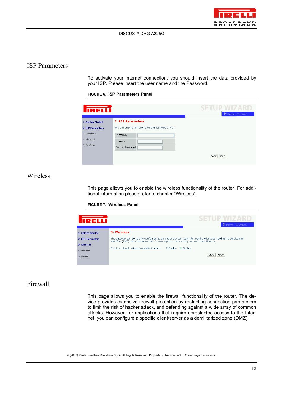 Isp parameters, Wireless, Firewall | Pirelli DISCUS DRG A225G User Manual | Page 17 / 35