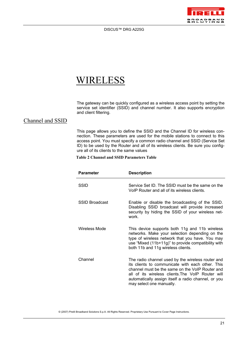 Wireless, Channel and ssid | Pirelli DISCUS DRG A225G User Manual | Page 19 / 35