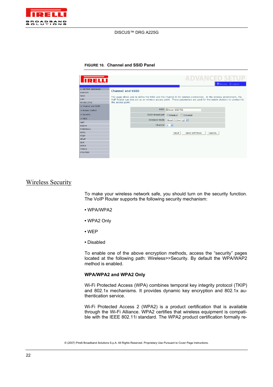 Wireless security | Pirelli DISCUS DRG A225G User Manual | Page 20 / 35