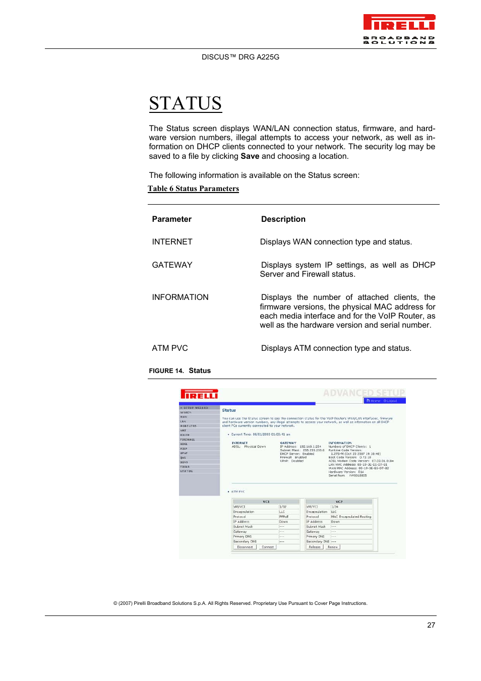 Status | Pirelli DISCUS DRG A225G User Manual | Page 25 / 35