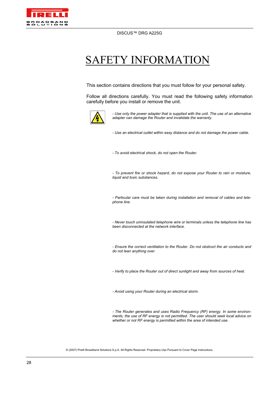 Safety information | Pirelli DISCUS DRG A225G User Manual | Page 26 / 35