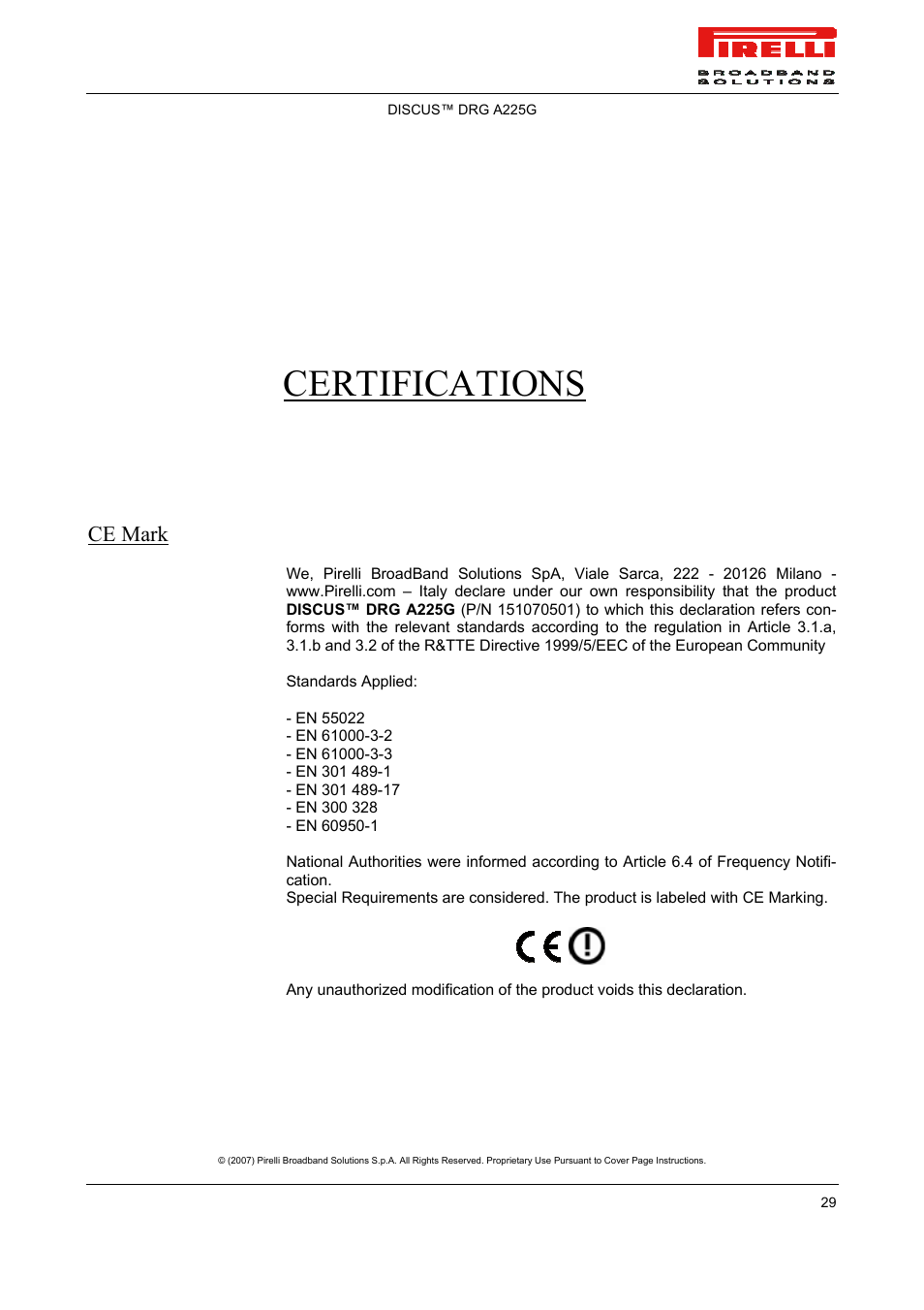 Certifications, Ce mark | Pirelli DISCUS DRG A225G User Manual | Page 27 / 35