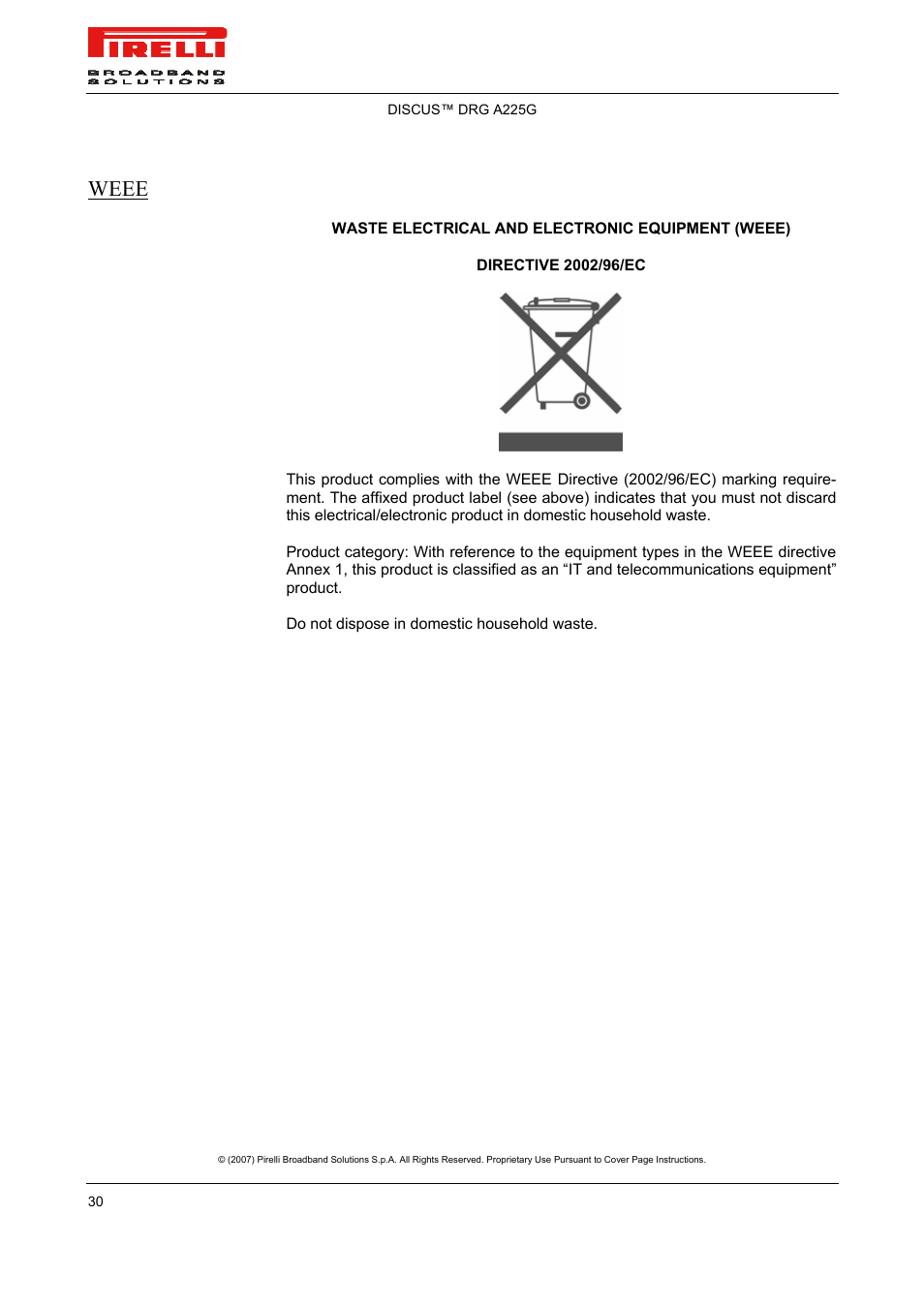 Weee | Pirelli DISCUS DRG A225G User Manual | Page 28 / 35