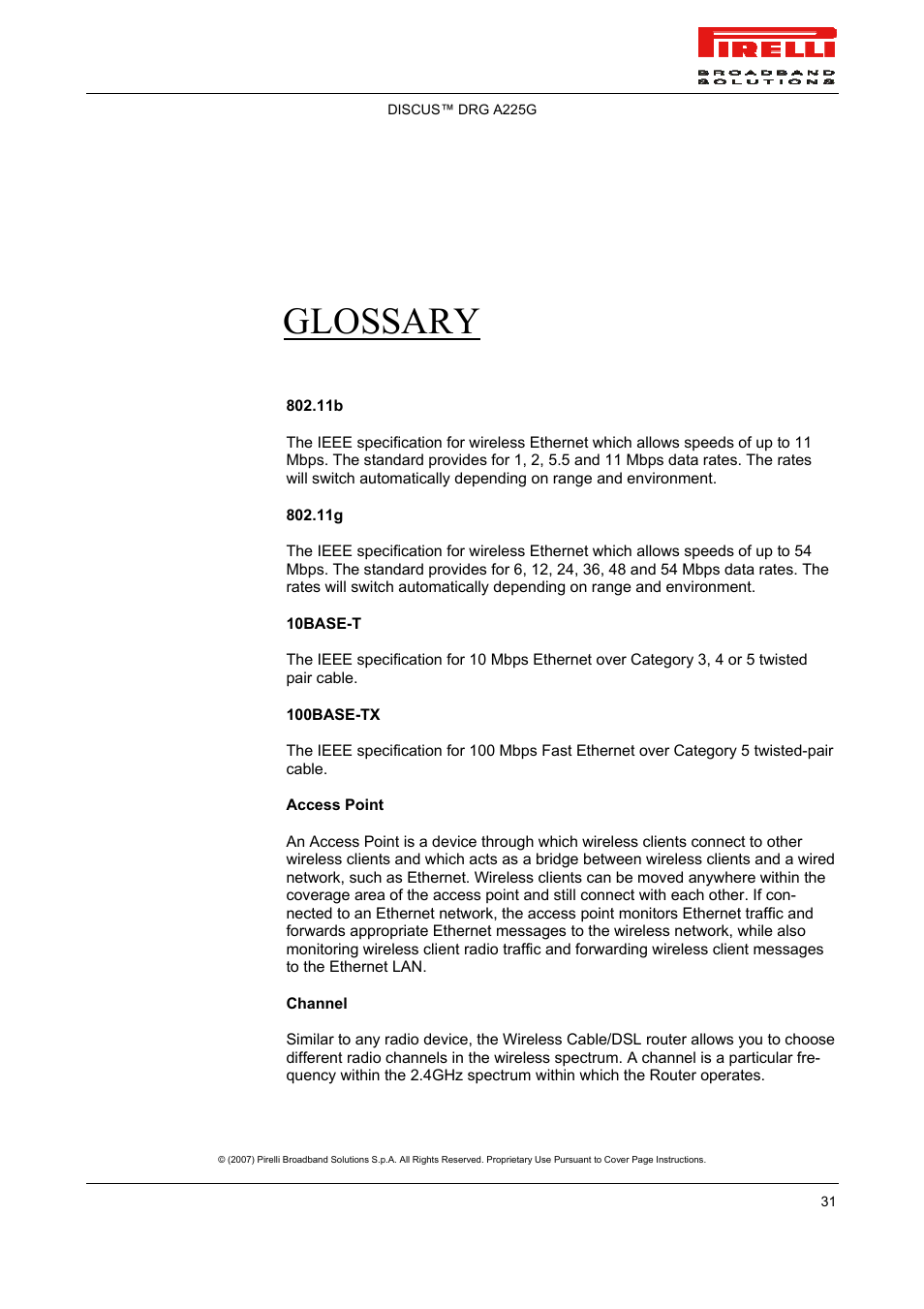 Glossary | Pirelli DISCUS DRG A225G User Manual | Page 29 / 35