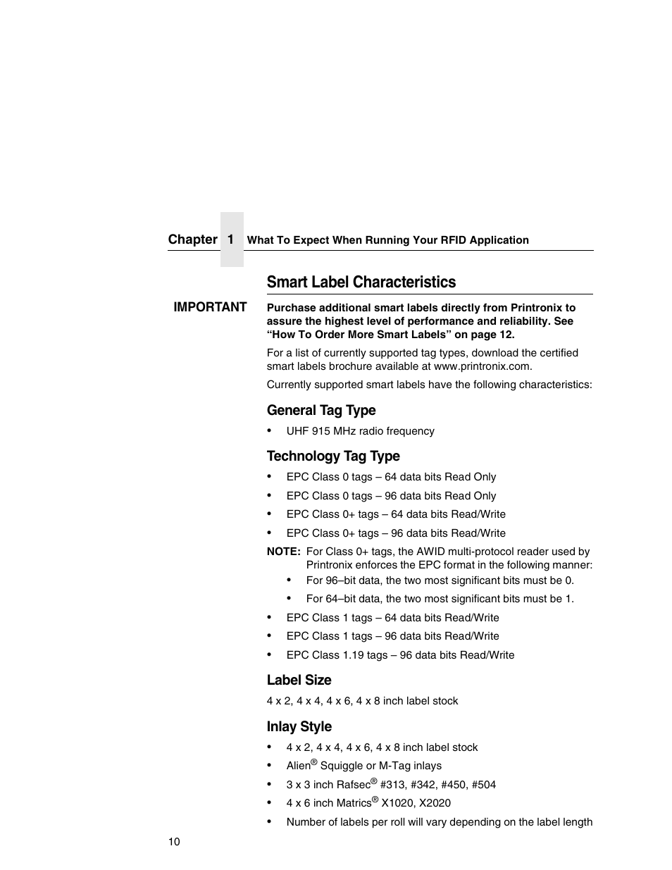 Smart label characteristics, General tag type, Technology tag type | Label size, Inlay style | Printronix SL5000e User Manual | Page 10 / 52