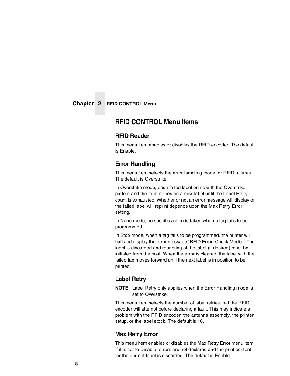 Rfid control menu items | Printronix SL5000e User Manual | Page 18 / 52