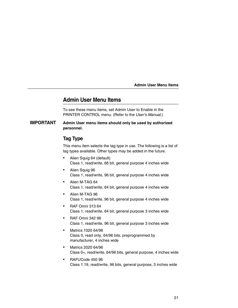 Admin user menu items | Printronix SL5000e User Manual | Page 21 / 52
