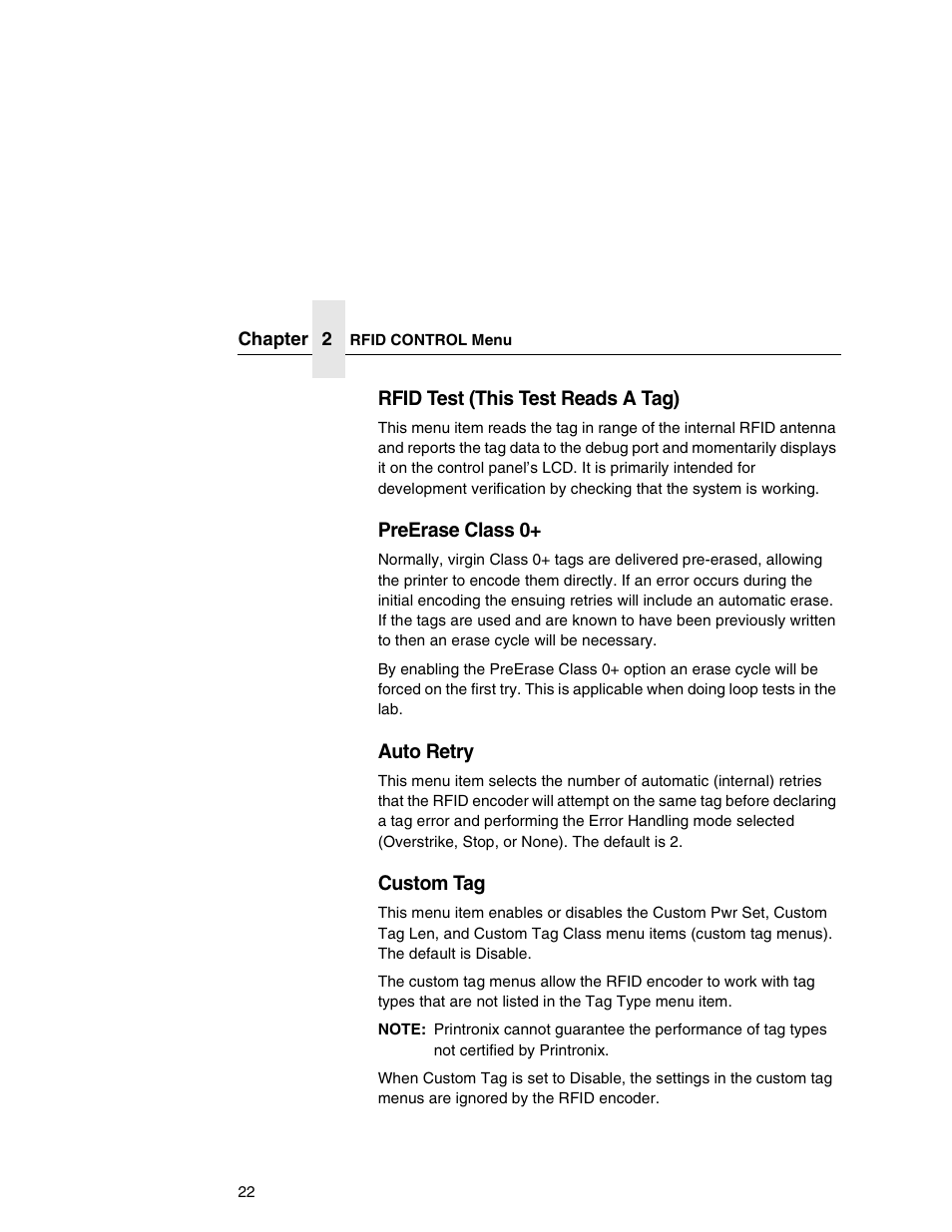 Rfid test (this test reads a tag), Preerase class 0, Auto retry | Custom tag | Printronix SL5000e User Manual | Page 22 / 52