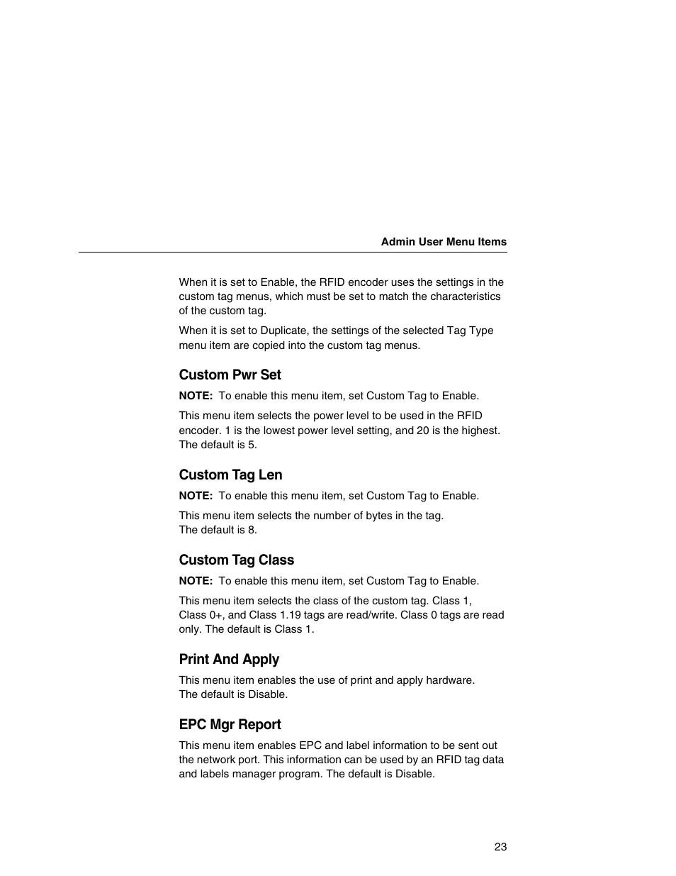 Custom pwr set, Custom tag len, Custom tag class | Print and apply, Epc mgr report | Printronix SL5000e User Manual | Page 23 / 52