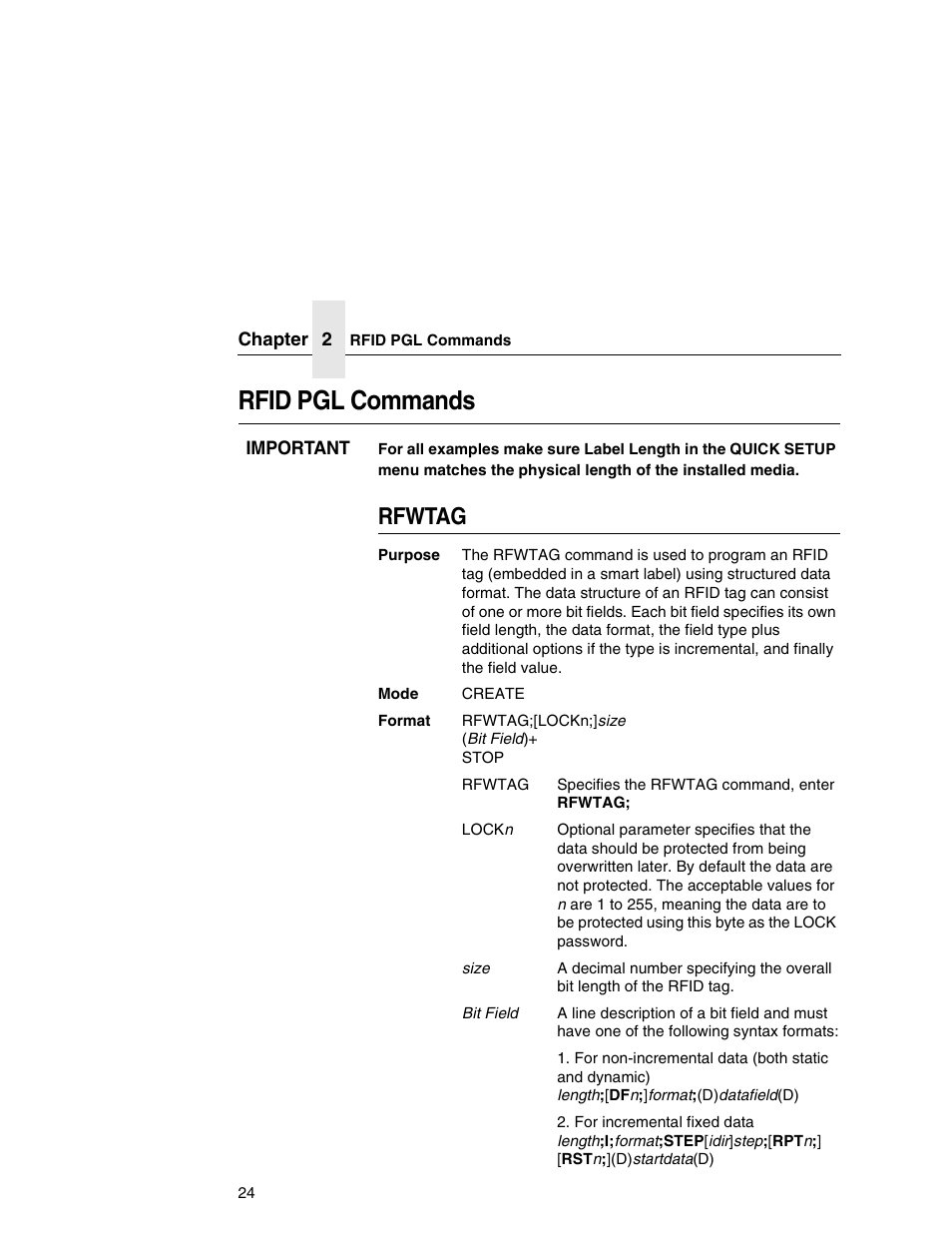 Rfid pgl commands, Rfwtag | Printronix SL5000e User Manual | Page 24 / 52