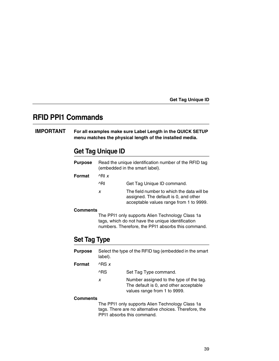 Rfid ppi1 commands, Get tag unique id, Set tag type | Printronix SL5000e User Manual | Page 39 / 52