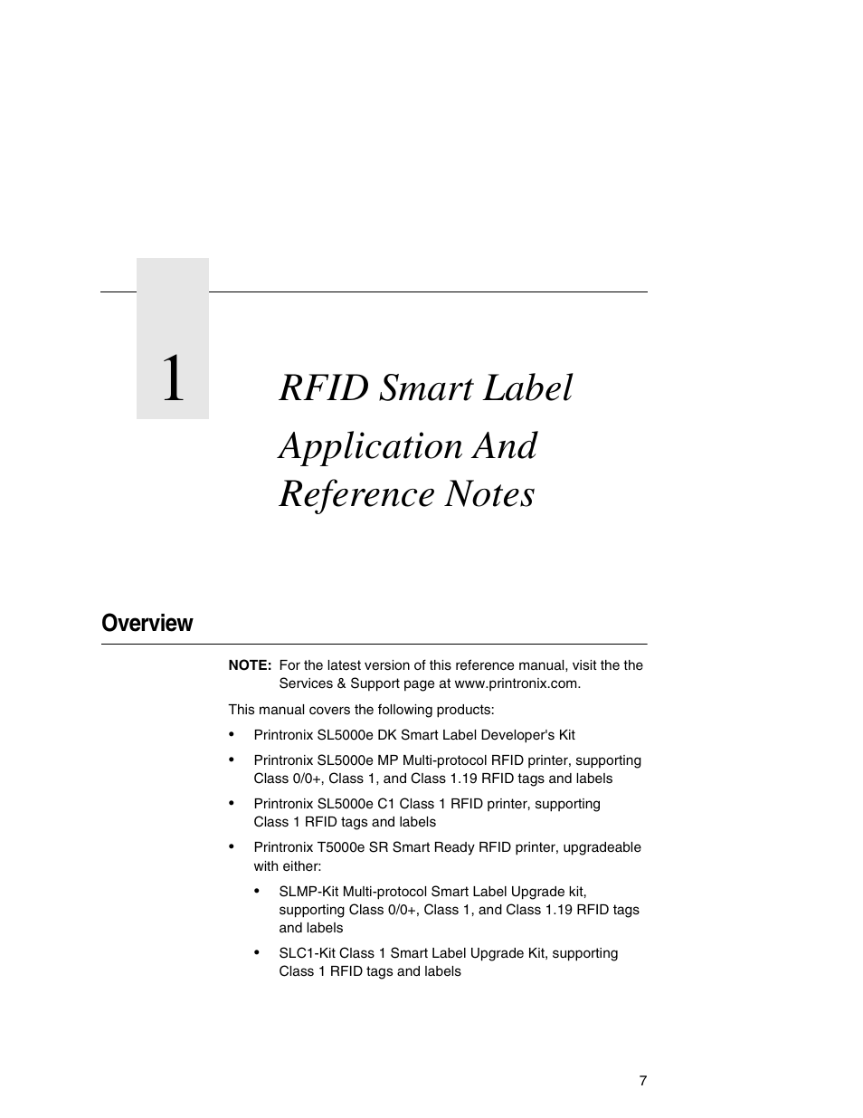 1 rfid smart label application and reference notes, Overview, 1 rfid smart label application | And reference notes7 | Printronix SL5000e User Manual | Page 7 / 52