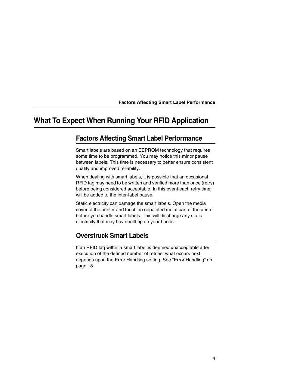 What to expect when running your rfid application, Factors affecting smart label performance, Overstruck smart labels | Printronix SL5000e User Manual | Page 9 / 52