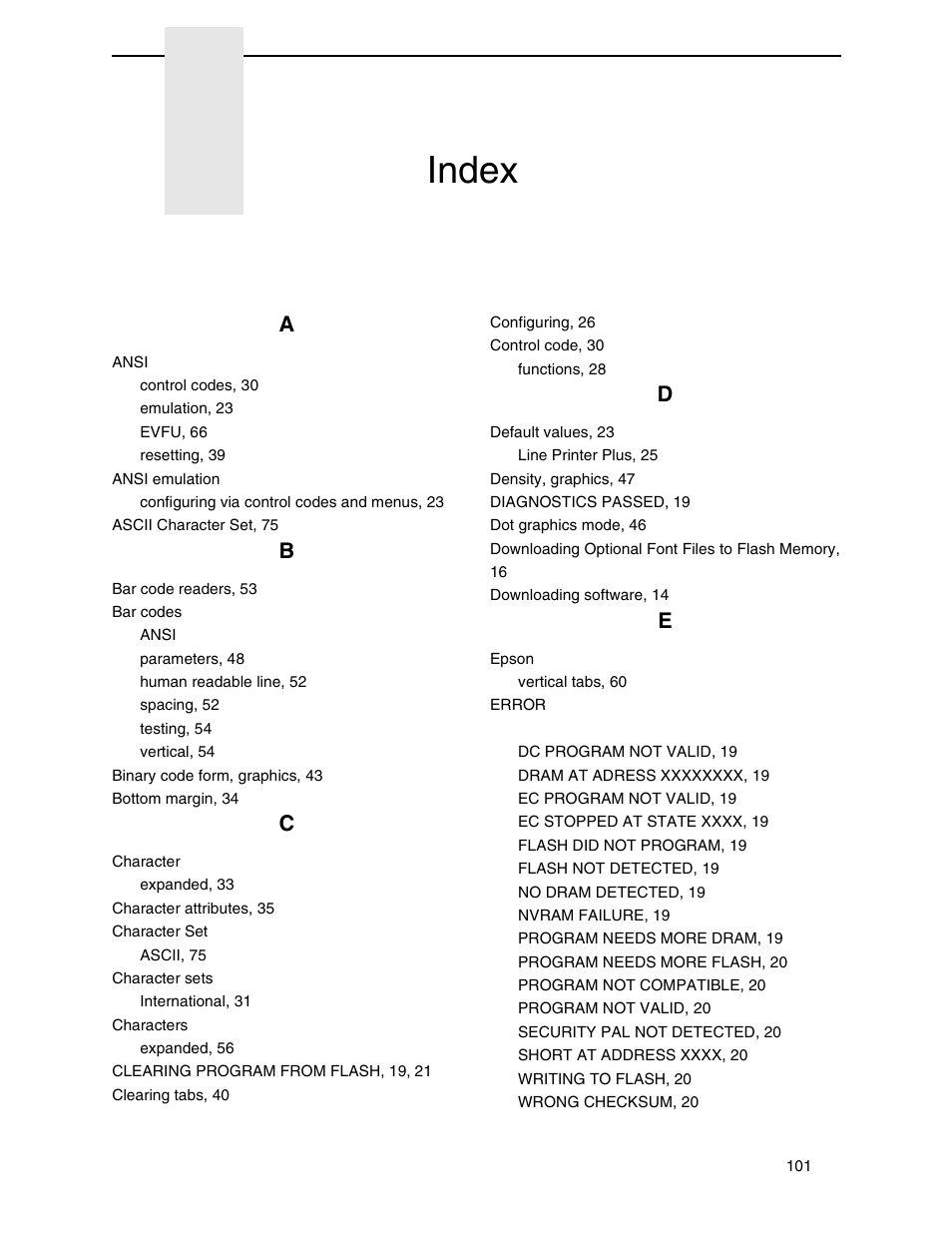 Index | Printronix ANSI Printer User Manual | Page 101 / 106