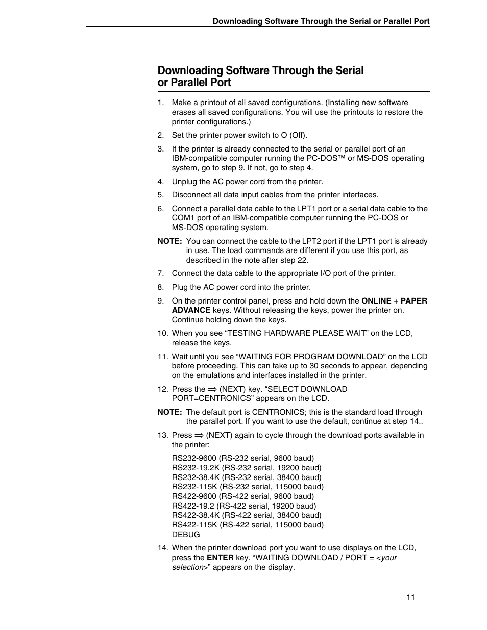 Downloading software through the serial, Or parallel port | Printronix ANSI Printer User Manual | Page 11 / 106