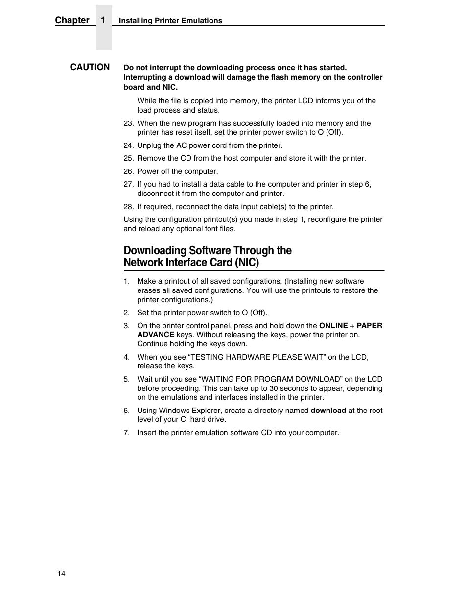 Downloading software through the, Network interface card (nic) | Printronix ANSI Printer User Manual | Page 14 / 106