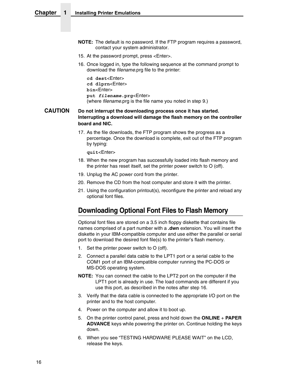 Downloading optional font files to flash memory | Printronix ANSI Printer User Manual | Page 16 / 106