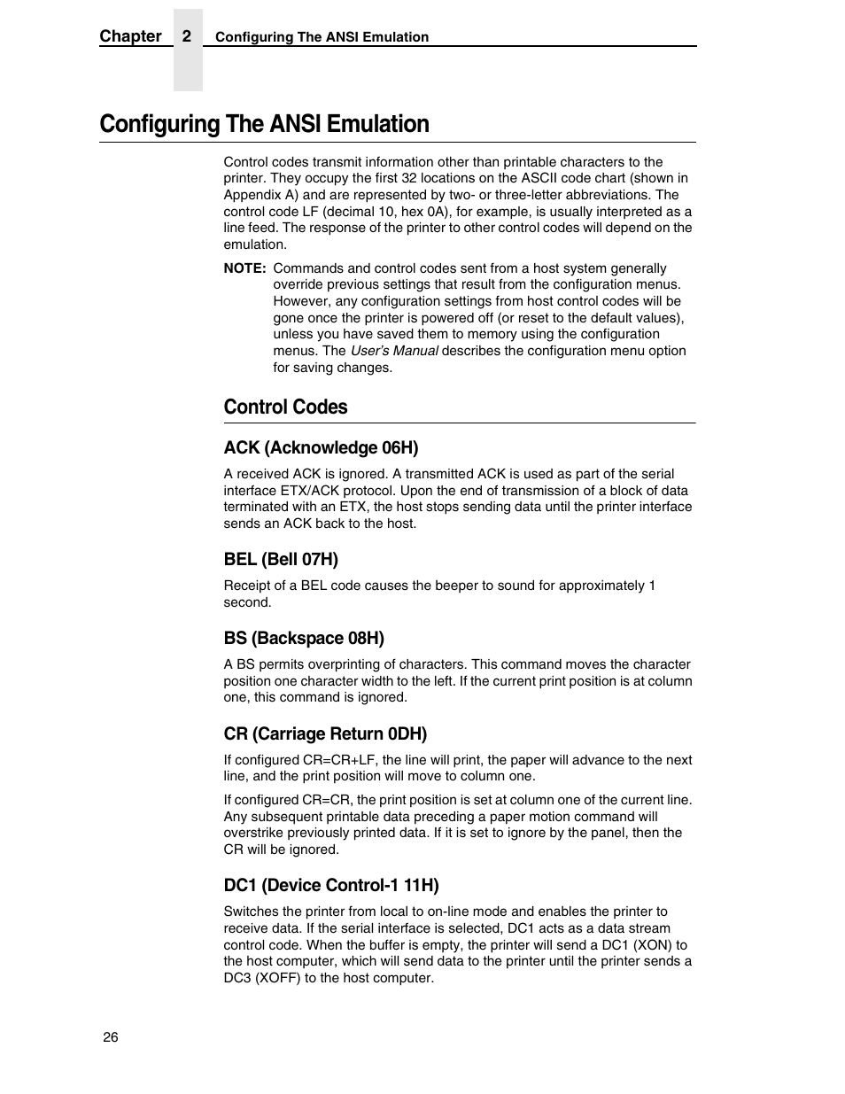 Configuring the ansi emulation, Control codes, Ack (acknowledge 06h) | Bel (bell 07h), Bs (backspace 08h), Cr (carriage return 0dh), Dc1 (device control-1 11h) | Printronix ANSI Printer User Manual | Page 26 / 106