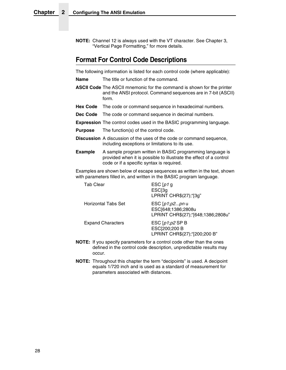 Format for control code descriptions | Printronix ANSI Printer User Manual | Page 28 / 106