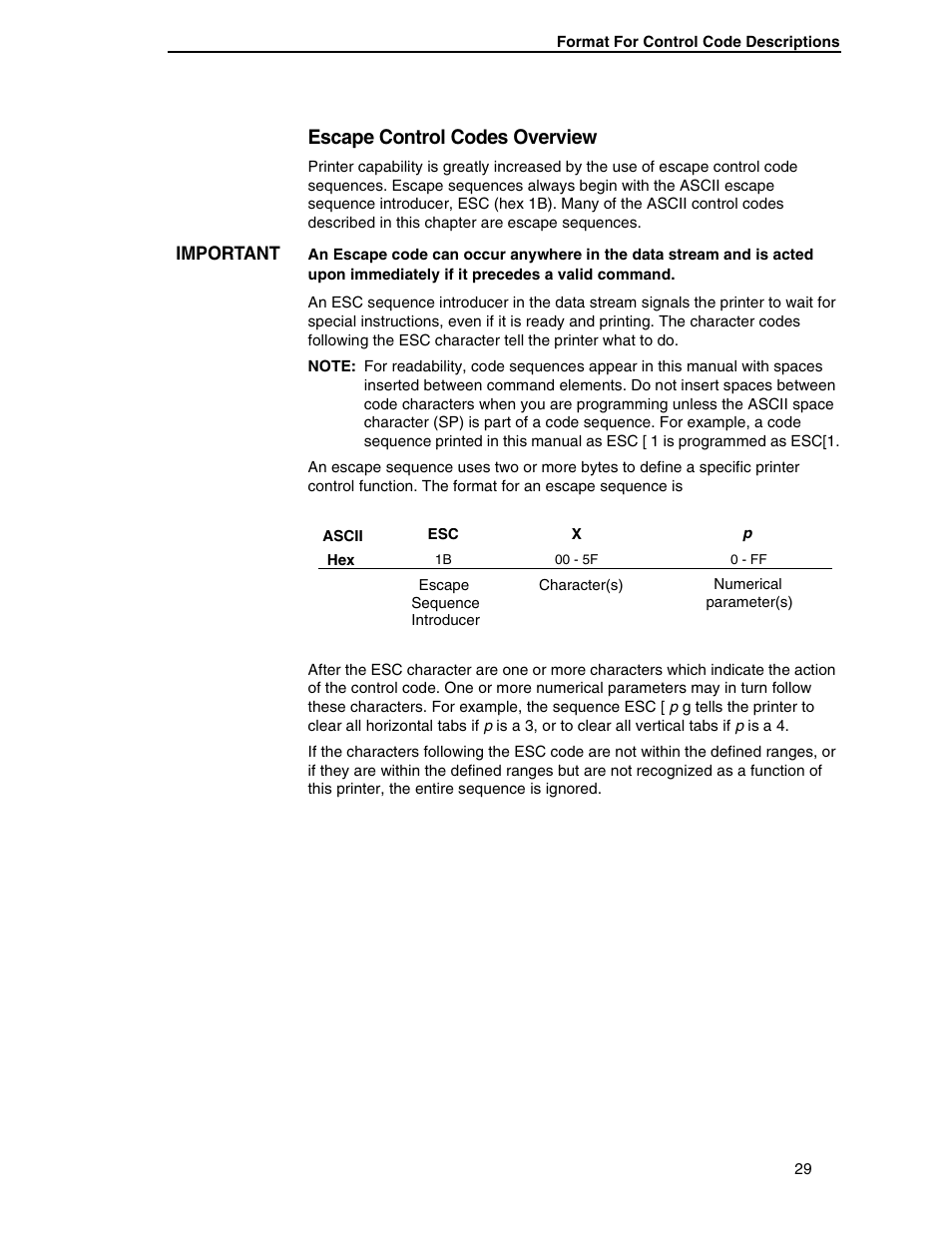 Escape control codes overview | Printronix ANSI Printer User Manual | Page 29 / 106