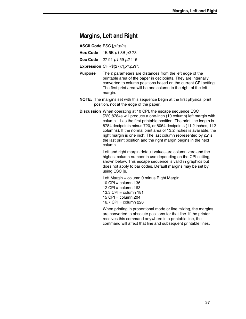 Margins, left and right | Printronix ANSI Printer User Manual | Page 37 / 106