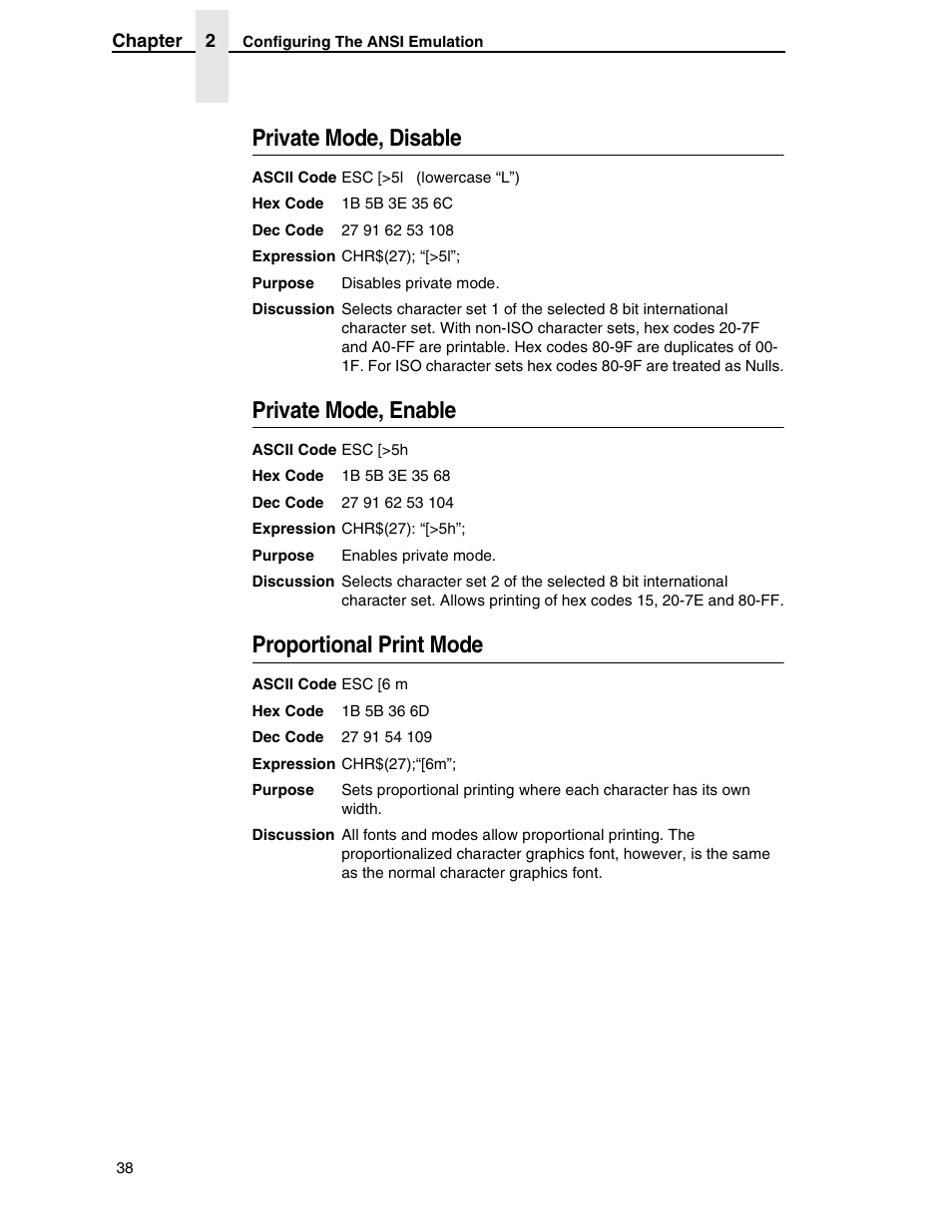 Private mode, disable, Private mode, enable, Proportional print mode | Printronix ANSI Printer User Manual | Page 38 / 106