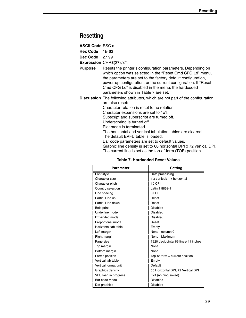 Resetting | Printronix ANSI Printer User Manual | Page 39 / 106