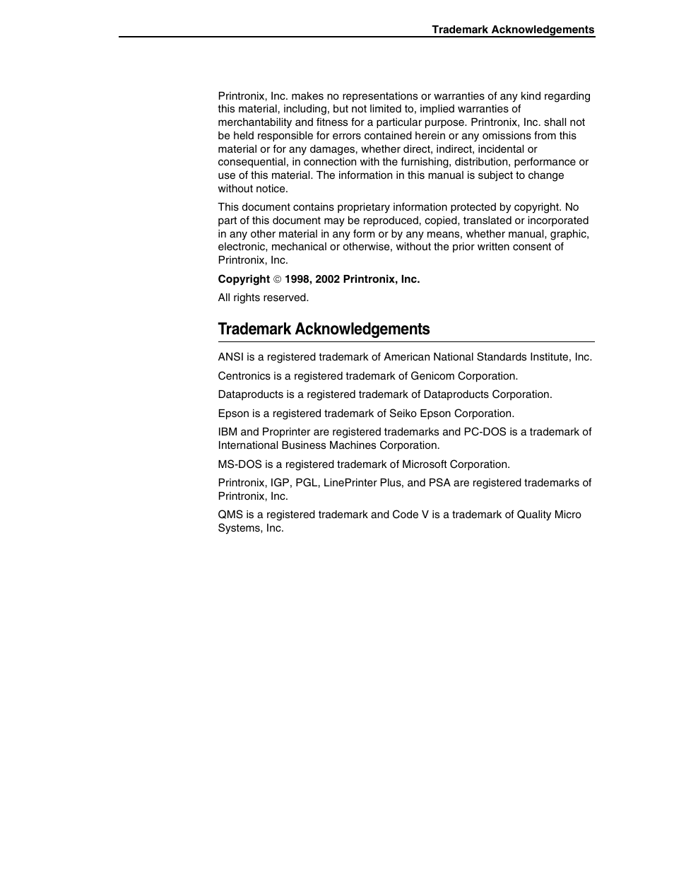 Trademark acknowledgements | Printronix ANSI Printer User Manual | Page 4 / 106