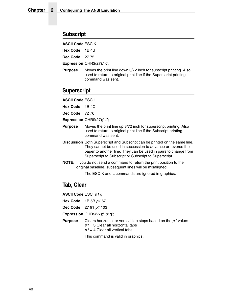 Subscript, Superscript, Tab, clear | Printronix ANSI Printer User Manual | Page 40 / 106