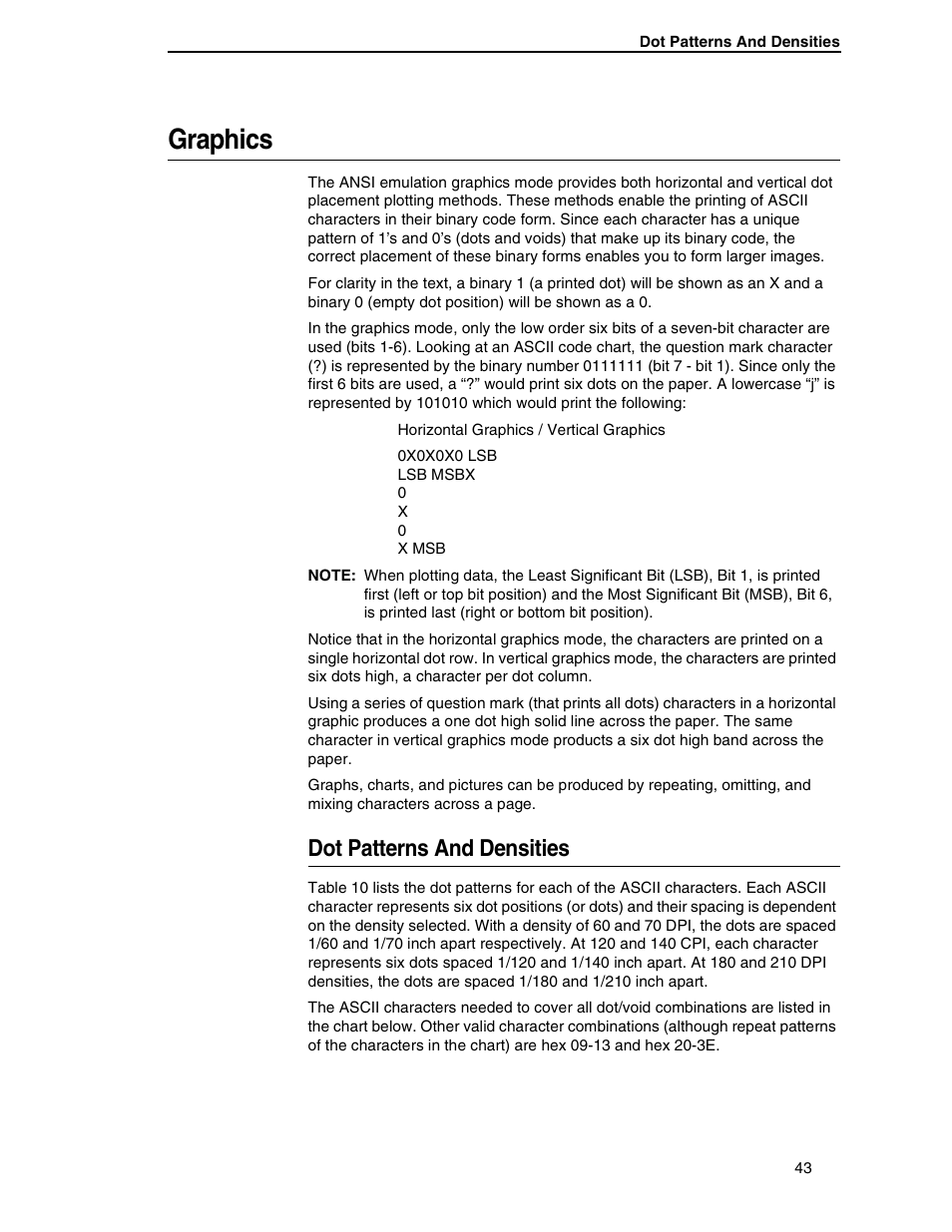 Graphics, Dot patterns and densities | Printronix ANSI Printer User Manual | Page 43 / 106