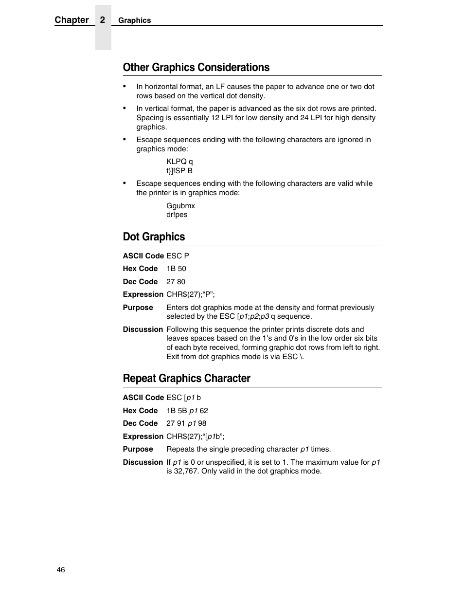 Other graphics considerations, Dot graphics, Repeat graphics character | Printronix ANSI Printer User Manual | Page 46 / 106