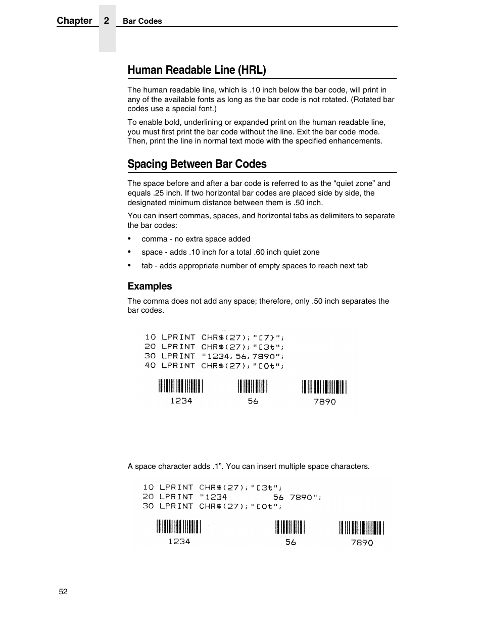 Human readable line (hrl), Spacing between bar codes, Examples | Printronix ANSI Printer User Manual | Page 52 / 106