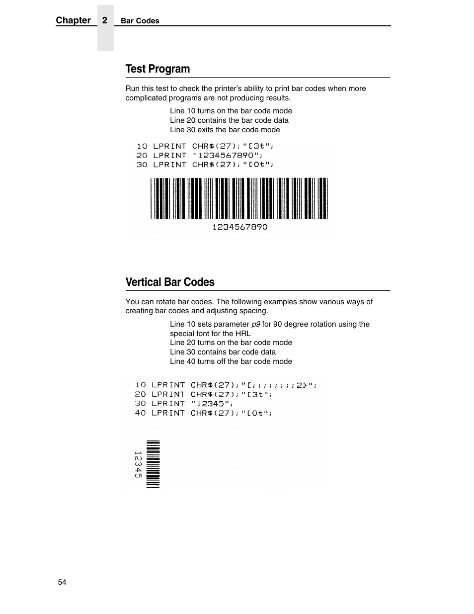 Test program, Vertical bar codes | Printronix ANSI Printer User Manual | Page 54 / 106